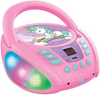 Lexibook RCD109UNI Unicorn-Bluetooth CD Player for Kids  Portable, Multicoloured Light Effects, Microphone, Aux-in Jack, AC or Battery-Operated, Girls, Boys, Pink