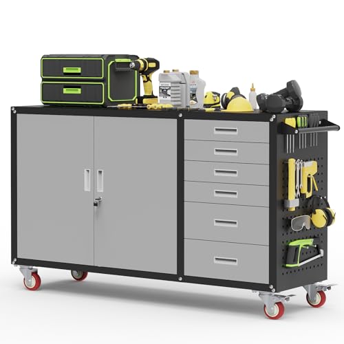 Rumetol 55'W Heavy Duty Rolling Workbench with Drawers and Storage,1000 LBS Capacity Work Bench with Lockable Cabinet & Adjustable Shelf,Garage Workbench with Pegboard & Wheels for Garage/Repair Shop