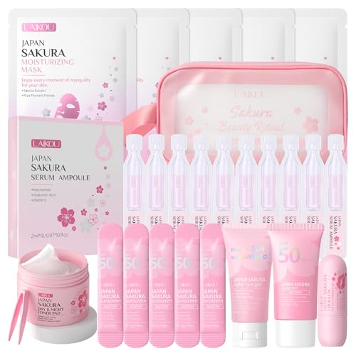 LAIKOU Sakura Sonnencreme Set Gesicht und Körper, 16 Stück Sonnenschutz Reisegröße Set, mit SPF50 Sonnencreme Apres Sun Gel Lippenbalsam Essence Feuchtigkeit Pads Tuchmasken Kulturbeutel (16)