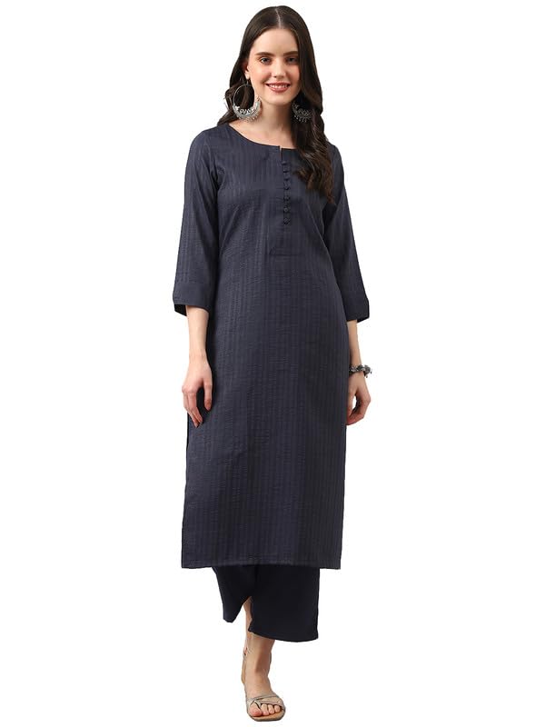Image of Hritika Women's Viscose Kurti and Pant Set | Calf-Length Striped Kurta Set with Round Neck & 3 /4 Sleeves | Button Closure (HRKR2 HRKB0048DGRY XS)
