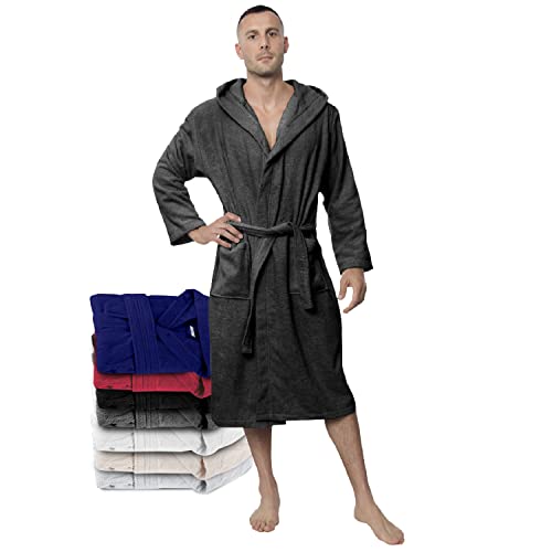 Twinzen Albornoz Hombre Ducha con Capucha 100% Algodon OEKO-TEX Bata Adulto Albornoz Ducha Hombre con 2 Bolsillos y Cinturón - XL - Gris Oscuro