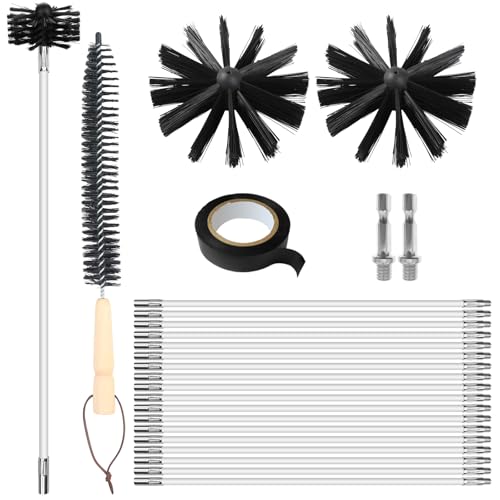 Lvjkes deshollinador de chimeneas, Juego de 24 Piezas para Limpieza con 18 Varillas de 41 cm, 2 Cabezas de Cepillo de 15 cm, 2 a Varilla Hexagonal de 4,5 cm, a Cepillo con Mango de Madera de 38 cm