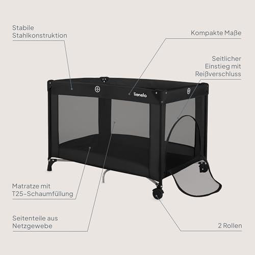 Lionelo Amelie Baby-Reisebett, ab Geburt bis 15 kg, klein, faltbar, weiche Faltmatratze, 100,5 x 70,5 cm, 2 Räder, seitlicher Einstieg, Reisetasche