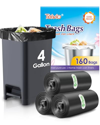 Image of Teivio Small Trash Bags 4 Gallon 160 Counts Garbage Bags, Bathroom Trash Can Bin Liners, Small Plastic Bags for home office kitchen, fit 12-15 Liter, 3,3.5,4.5 Gal, Black