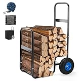 SANMEO 250 LBS Capacity Firewood Log Cart-Heavy Duty Steel Wood Carrier with Pneumatic Rubber Wheels for Fireplace,Fire Pit,Indoor&Outdoor(with cover)