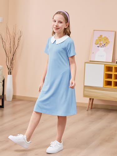 Gorlya Girls Peter Pan Collar Vintage Casual Loose Straight Swing T-Shirt Dress With Pockets 4-14Y thumb #4