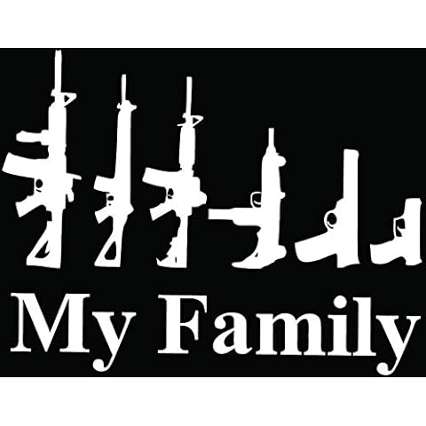 My Family Guns Weapon Funny Car Truck Window Bumper Vinyl Graphic Decal Sticker- (8 inch) / (20 cm) Wide GLOSS WHITE Color Cover