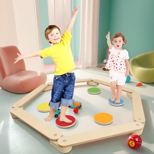 Kidsbuddy Holz Kleinkinder Schwebebalken mit Bunten Hindernissteinen,Montessori Spielzeug Balance Board für Drinnen&Draußen,Balancierbalken Kinder für Gleichgewicht,Koordination&Stabilität,ab 3 Jahren