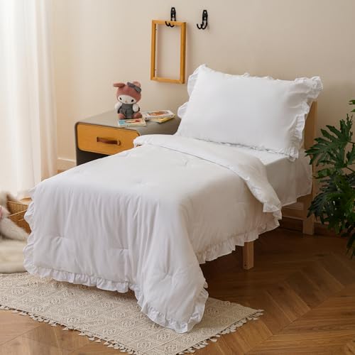 Image of Luxlovery Toddler Comforter Set White Ruffles Girls Kids Boho Bedding Set Bed Set for Dorm 4 Pieces (1 Comforter, 1 Flat Sheet, 1 Fitted Sheet, 1 Pillowcase)