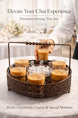 Image of Chai Metal Stand with Glass Tumblers and Sugar Bowl - Tea, Coffee & Lassi Serving Set, Glasses with Holder for Home, Kitchen, Cafe & Dining