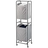 mDesign Vertical Stacked Laundry Hamper Basket with Wheels, Portable, 2 Removable Bags for Organizing Clothes, Laundry, Lights, Darks - Strong Metal Frame - Dark Gray