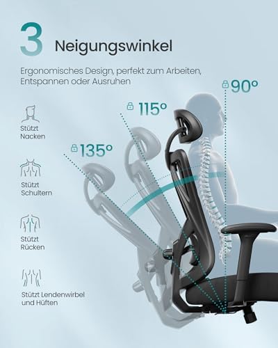 Bild 4 - SONGMICS Ergonomischer Bürostuhl, Computerstuhl, Mesh-Stuhl, Lendenkissen und Kopfstütze verstellbar, maximale Belastung: 150 kg, höhenverstellbar, Tintenschwarz, OBN063B01