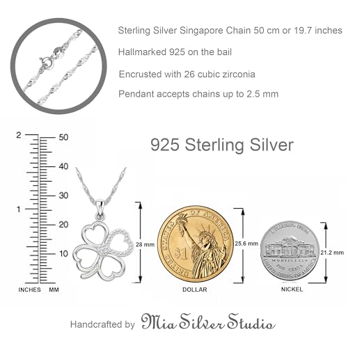 925 Sterling Silver Four Leaf Clover Necklace - Rhodium Plated Shamrock Pendant with 20" Inch Chain White CZ - Good Luck Charm - Irish Jewelry Gift for Women - Handmade4