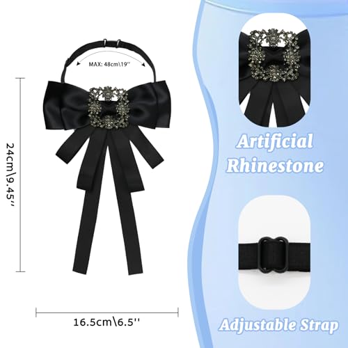 Image of LJBFNN Womens Bow Tie, Black Ribbon Bow Tie for Women, Clip on Adjustable Rhinestone Bowtie for School Uniforms Wedding