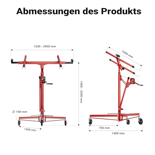 Foto von Wiltec XXL Plattenheber bis max. 68 kg, Höhe 140-350 cm, max. Breite 2,90 m, Trockenbau Montagehilfe 1-Mann-Bedienung, 3 Räder mit Feststellbremse, rot