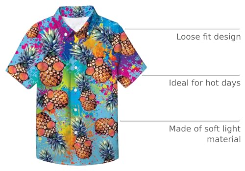 Image of uideazone Casual Tropical Vacation Colorful Pineapple Short Sleeve 3D Printed Watercolor Splash Hawaiian Shirt Holiday Retro Cute Button Down Shirt Hawaiian Summer Wear