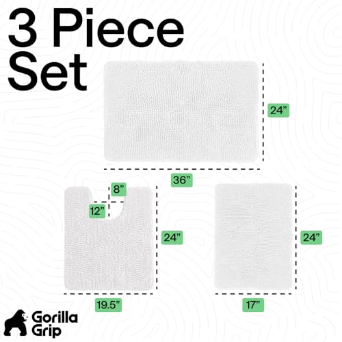Image of GORILLA GRIP Bathroom Rug Sets 3 Piece, Bath Mat Set and Oval Toilet Base with Rubber Backing, Plush Absorbent Shaggy Chenille Washable Mats, Includes 24x19.5, 24x17 and 36x24 Inch Rugs, White