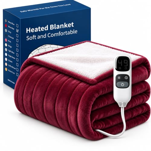 AURYAO Heated Blanket, Electric Throw Blanket 50 x 60in Red | 220 GSM Flannel and 200 GSM Sherpa, 10 Heat Settings, 1-9 Hour Timer, ETL Certified, Machine Washable
