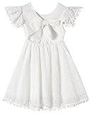 Niyage Tie-Back Toddler Dress Girls Lace Bow Backless Pom Pom Flutter Sleeves Party Princess Dresses White 110