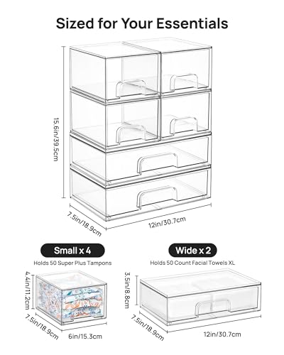 Image of Vtopmart Stackable Storage Drawers Set of 6, Clear Plastic Organizer Bins for Bathroom Supplies, Ideal for Cabinet,Shelf, Pantry, Laundry Room Organization
