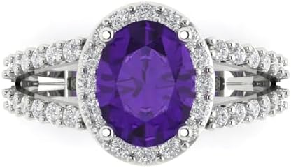 Clara Pucci 2.6 tcw Oval Cut Cocktail Ring for Women in 14K White Gold, Natural Amethyst Birthstone Solitaire with Accents Solid Gold Womens Statement Fashion Ring (Size Adjustable)