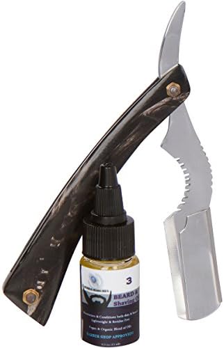 Shavette, Professional Straight Edge Razor for Men Bundle- Professional Barber Razor Quality- Strapping Luxury Buffalo Horn Handle - Includes Natural Beard Oil- Wisely Made