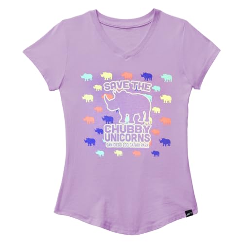 San Diego Zoo Save The Chubby Unicorns Girls' V-Neck Tee, Lavender with Multi-Print Rhino Design, Youth Slim-Fit T-Shirt