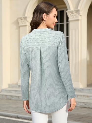 Image of Bulotus 3 /4 Length Sleeve Womens Striped Tops Zipper V Neck Collared Blouses Business Casual Tunics 2026 Spring Trendy