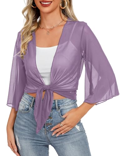 Image of Totatuit Women's Short Cardigan Bolero Sheer Shrug Tie Open Front Bell Sleeve Summer Cropped Bolero Cardigan