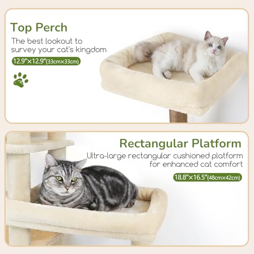 Image of Globlazer Extra Large Platform Cat Tree, 65in Tall Sturdy Cat Tree for Indoor Cats Large Adult, Big Cat Tower for Big Cats with 3 Enlarged Perches, 6 Scratching Posts, Cat Condo, Hammock, S65, Beige