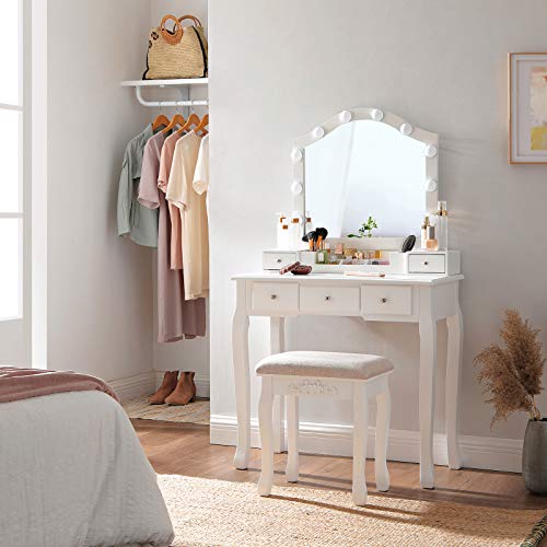 Vasagle Vanity Table Set With Lighted Mirror, Vanity Set With Drawers And 6-Slot Removable Organizer, Dressing Table With Upholstered Stool, White Urdt170W01 #TOP5