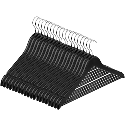 Hardys Black Wooden Coat Hangers - Sloped with Notches Trouser Bar & 360 Rotating Hook - Wardrobe Space Savers Hangers for Clothes - For Coat Jacket Suit T Shirt (20 Pack)