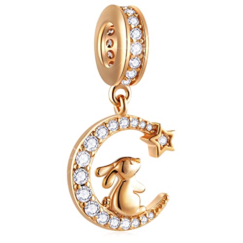 Conejo de oro rosa sentado en la luna nueva Charms, 925 cuentas colgantes de plata esterlina conejo en el cielo nocturno, adecuado para Pandora pulsera de Pascua, regalos para niñas/hermanas/amigos