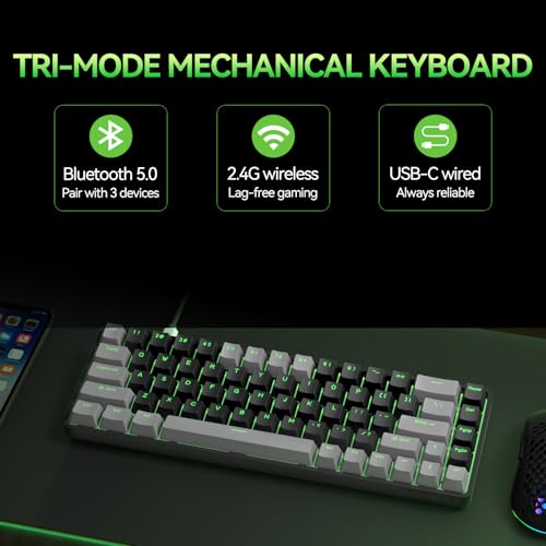 Image of TMKB T68 60% Wireless Mechanical Gaming Keyboard, Tri-Mode BT5.0 /2.4GHz /USB-C with Clicky Blue Switch, RGB Backlight, Anti-Ghosting, Compact 68 Keys, Wired /Wireless, Gray /Black