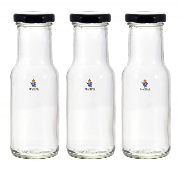 MACHAK 200 ml Glass Bottles for Milk, Juice with Rust Proof & Airtight Black Cap (Set of 3)