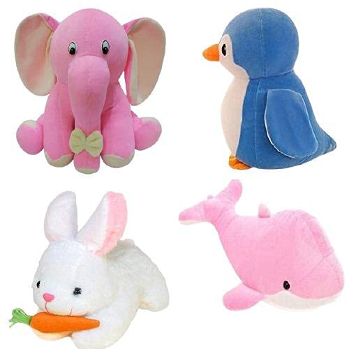 Image of Combo of 4 Animals Soft Toy Kids for Playing Soft Toy Appu Elephant, Penguien, Pink Dolphine & Rabbit Stuff Toys for Kids Playing Birthday Gift (30cm)