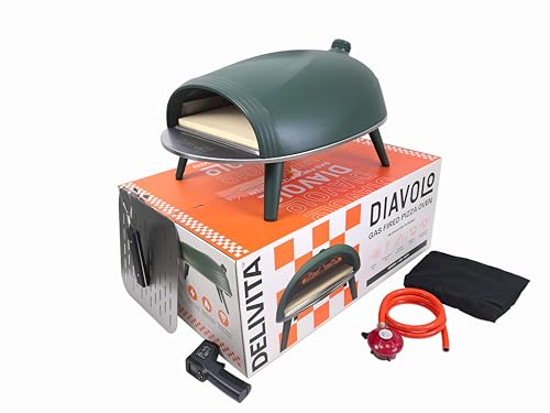 Delivita Diavolo Gas Pizza Oven Portable Lightweight Cooks Pizza in 60-90 Seconds at 450C Includes Folding Peel Carry Case Temperature Gun and Gas Regulator 10.5kg Green