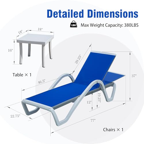 Image of Domi Outdoor Lounge Chair, Aluminum Patio Chaise Lounge with 5 Position Adjustable Backrest and Wheels, All Weather Reclining Chair with Armrest and Side Table for Patio, Yard,Balcony,Poolside (Blue)