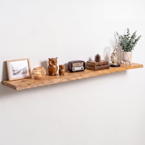 Image of RICHFOCUS Live Edge Elm Floating Shelves - 72 inch W x 9.3 inch D Rustic Solid Wood Wall Shelves with Invisible Bracket, Wall-Mounted for Living Room, Bedroom, Kitchen Storage & Display, Set of 1, Natural