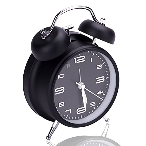 Analog Alarm Clock, 3D Number Dial Twin Bell Alarm Clock with Night Light, Loud Alarm Clock for Heavy Sleepers, Silent Non Ticking Battery Alarm Clock for Bedroom,Bedside, Desk (Black)