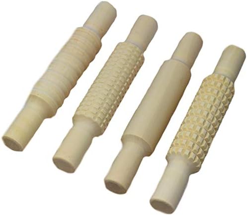 4 Textured Play Dough Wooden Rolling Pins Craft Supplies 21cm x 3.6cm - Playdough Pottery Tools Patterned - Clay Rolling Pin - Modelling Set - Kids Rolling Pin