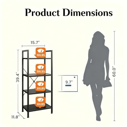 Image of HealSmart 4 Tier Bookshelf, Free Standing Book Shelf Home Office Bookcase Shelf Storage Organizer for Bedroom, Bathroom, Living Room, Office, Balcony, Black