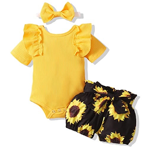 Image of AMAWMW Newborn Baby Girl Summer Clothes Ruffle Ribbed Romper Vintage Floral Bloomers Shorts Outfit Infant Gift Set
