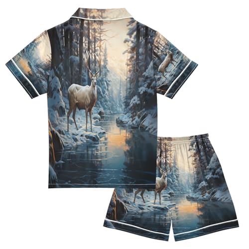 ALAZA Deer Winter Landscape Satin Pajamas Set Short Sleeve Button Down Sleepwear Summer Pjs 2 Piece2