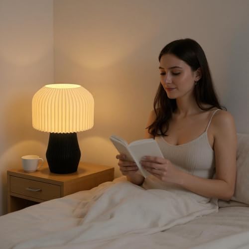 Image of Modern 3D Printed Table Lamp| Bedside Night Lamp | Warm Ambient Light for Bedroom, Living Room, Study Table & HomeDecor | Minimalist LED Desk Lamp for Cozy Lighting (Black)