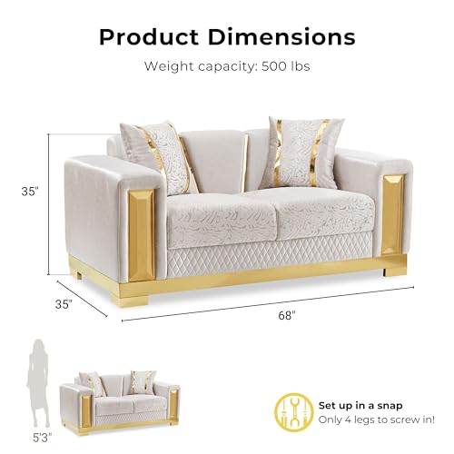 Image of Furniture of America Samison II Glam Solid Wood Upholstered Loveseat with Accent Pillows, Damask Pattern and Gold Base, Soft Couch for Living Room, Bedroom, Office, Beige
