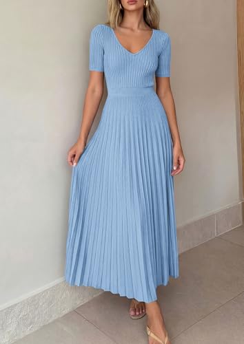 Image of PRETTYGARDEN Women's 2026 Spring Midi Sweater Dresses Elegant Pleated Ribbed Knit Short Sleeve V Neck A Line Summer Outfits