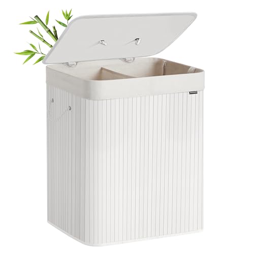Cesta de lavandería de bambú blanco premium SONGMICS con tapa y compartimentos dobles 2