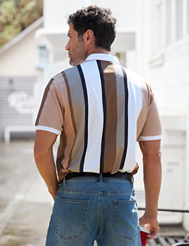 Men's Vintage Brown Stripe 3D Zipper Polo Shirt - Slim Fit, Short Sleeve, Turn Down Collar, Large #TOP2