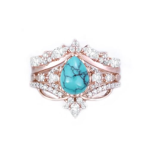 Vintage Gemstone Ring Set S925 10k 14k 18k 1.25CT Pear Cut Gemstone Engagement Ring Set for Women, Cluster Moissanite Bridal Set 3PCS Ring Set, Curved Wedding Ring Set Promise Anniversary For Her